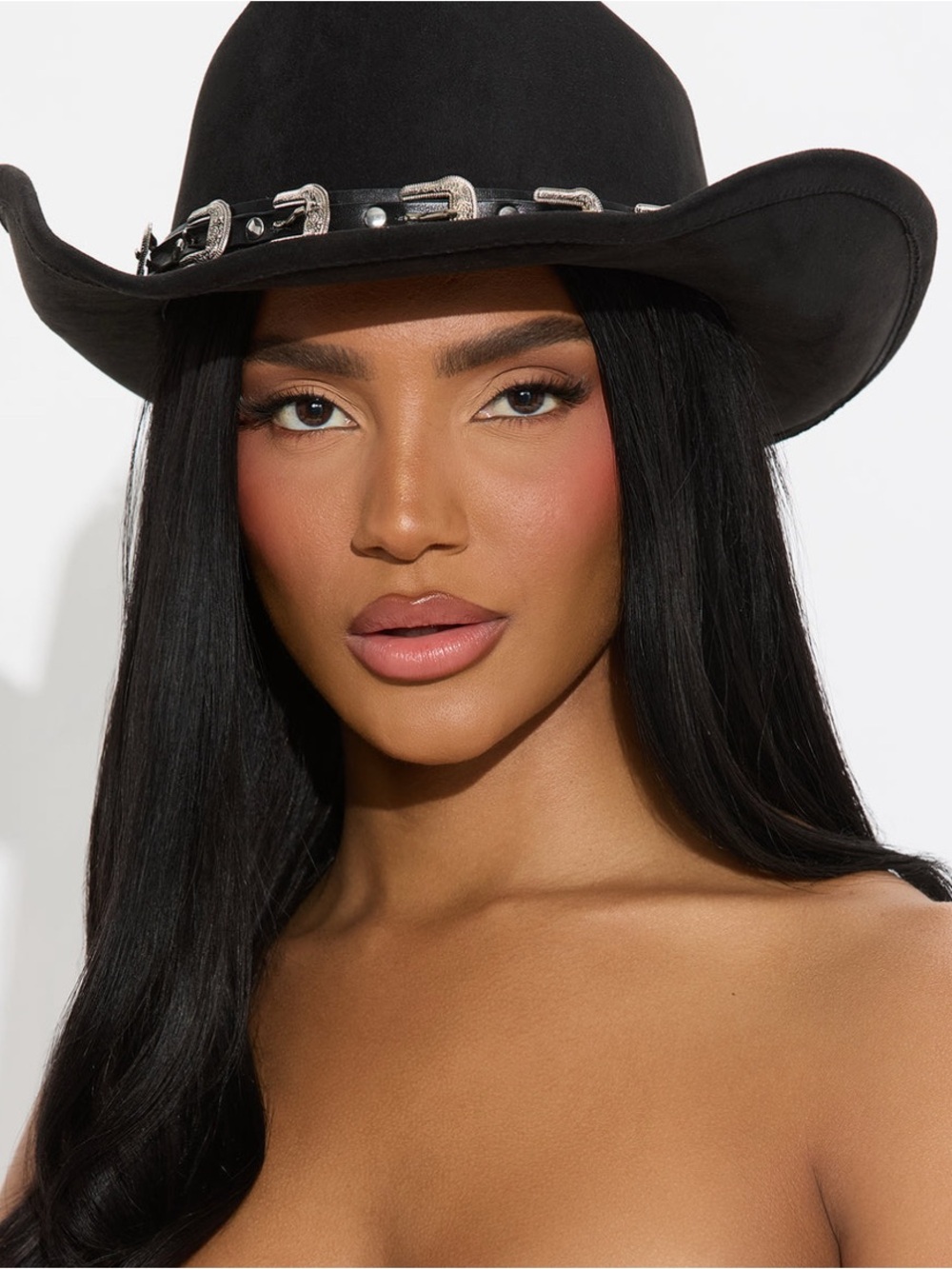 Black Western Cowboy Hat with Silver Buckle Trim - Women Accessories